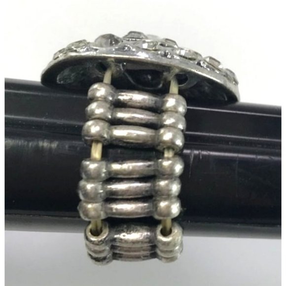 Silver Tone Clear Rhinestone and Black Enamel Stretch Cocktail Ring - Picture 4 of 4